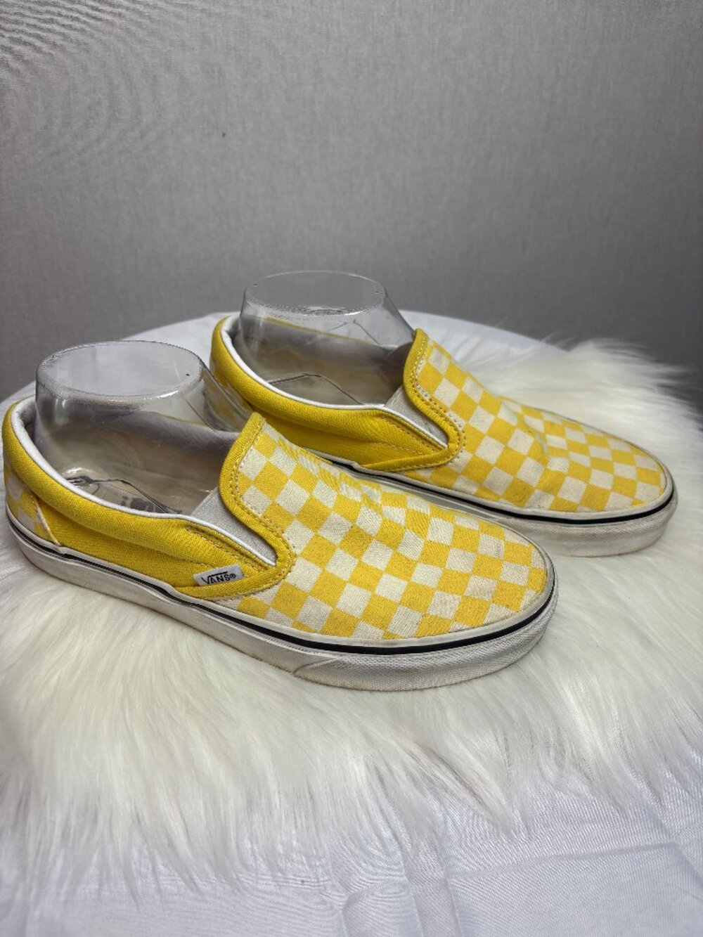 Yellow & White Checkerboard Vans Slip-On - Size 8.5, Gently Worn, Super Cute!